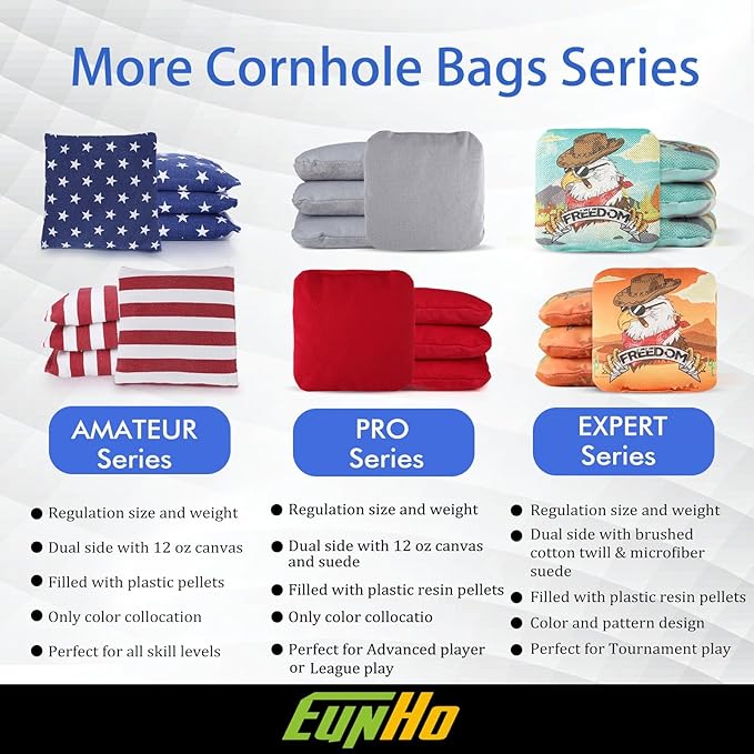 EunHo Dual Sided Cornhole Bags Regulation Set of 8 Professional Cornhole Bean Bags Slick and Stick