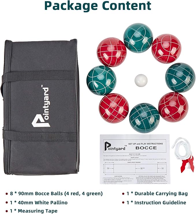 Pointyard Bocce Ball Set, 90mm Resin Bocce Ball Set with 8 Resin Bocce Balls/1 Pallino/Nylon
