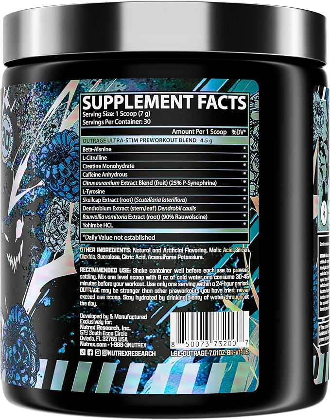 Outrage Ultra HIGH STIM Pre-Workout Powder for Men | 400mg Caffeine, L-Citrulline, Beta-Alanine