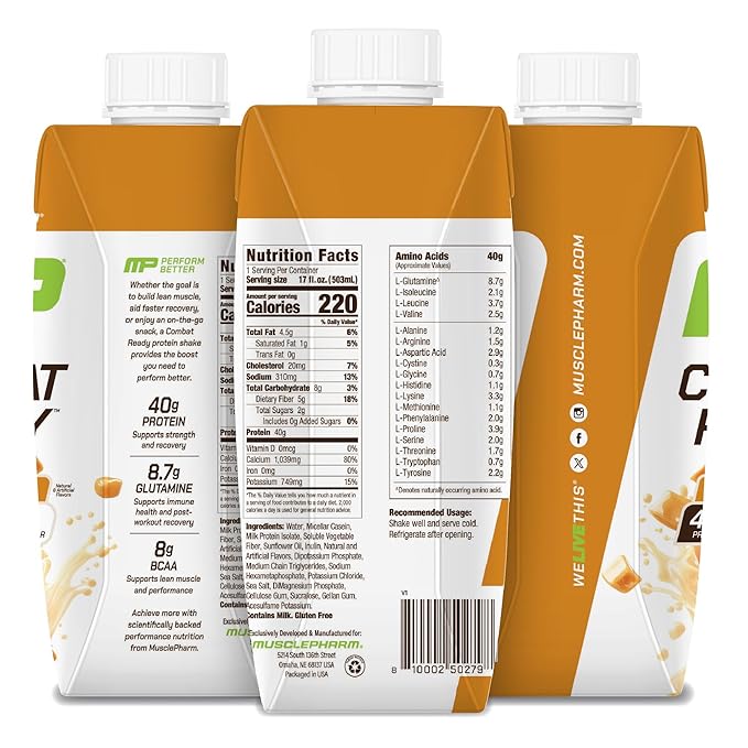MusclePharm Combat Ready High Protein Shakes Ready to Drink, 40g Protein, 8g BCAAs, 8.7g Glutamine