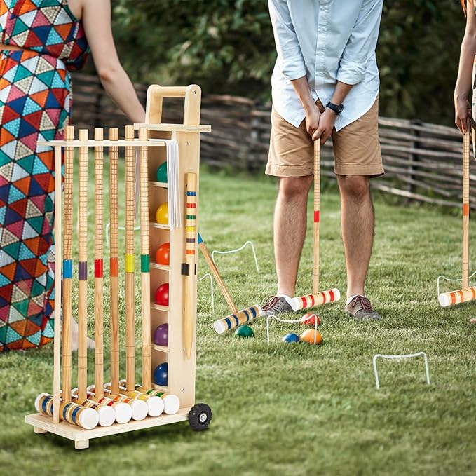 Hiboom 6 Player Croquet Set for Adults & Kids with Wooden Stand, Rubber Wooden Mallets, Colored
