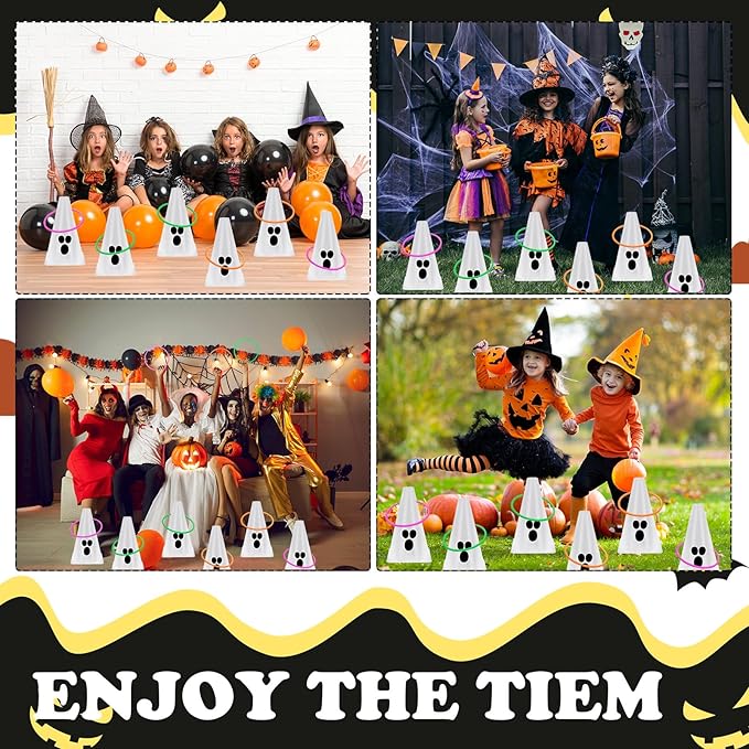 24 PcsHalloween Ring Toss Game Outdoor Carnival Party Games Include 6 Plastic Cones 18 Toss Rings