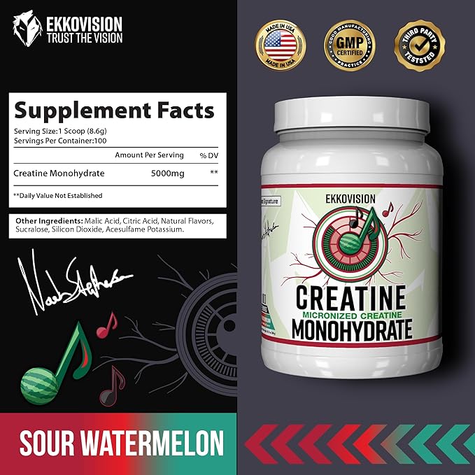 Ekkovision Creatine Monohydrate Powder, Micronized, Sour Watermelon, Pre & Post Workout Supplement