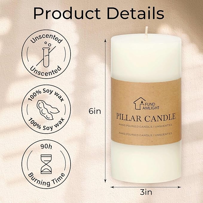 3x6 Inch White Pillar Candles Set of 3 - Decorative Unscented Pillar Candle, Long Burning Dripless
