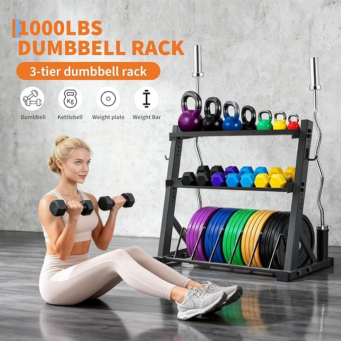 3 Tier Barbell Storage Racks,1000 LBS Capacity Adjustable Weight Rack for Dumbbell, Kettlebell