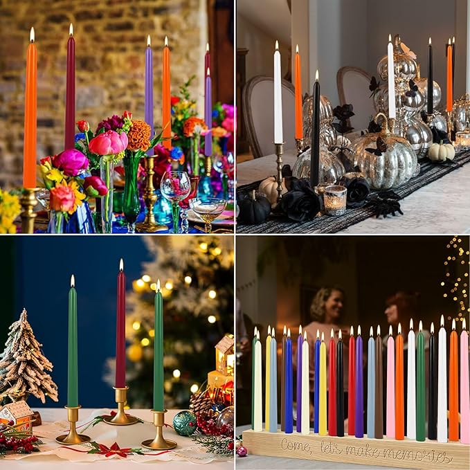 24 Colored Taper Candles, 7-8 Hours Burn Time, Unscented, Smokeless and Dripless, 0.75 x 10 Inch