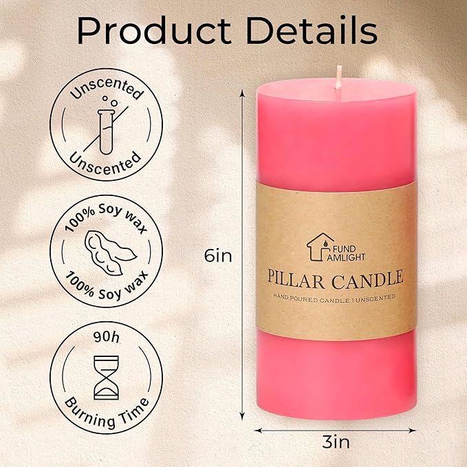3x6 Inch Pink Pillar Candles Set of 3 - Decorative Unscented Pillar Candle, Long Burning Dripless