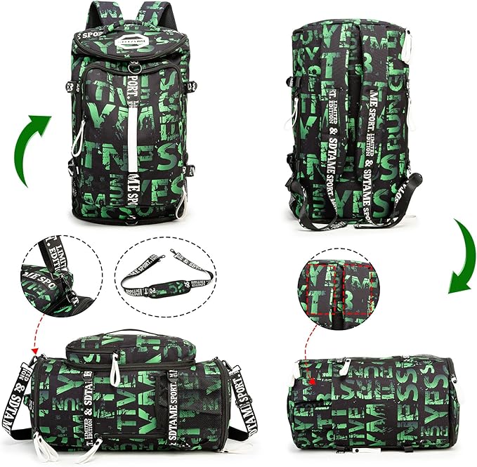 Gym Duffle Bag Backpack with Shoe Compartment,4 ways Travel Backpack for Women and
