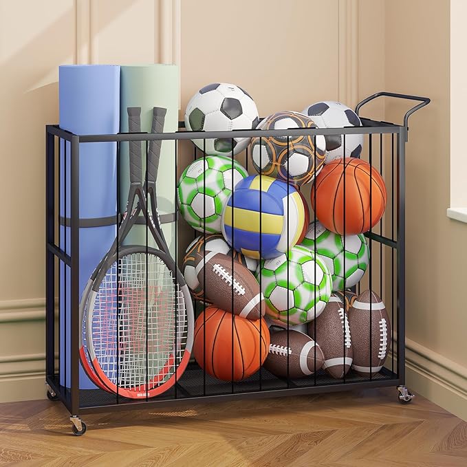 Ball Storage Bin Rolling Sports Ball Cart, Metal Garage Organizer Sport Rack, Ball Basket Storage
