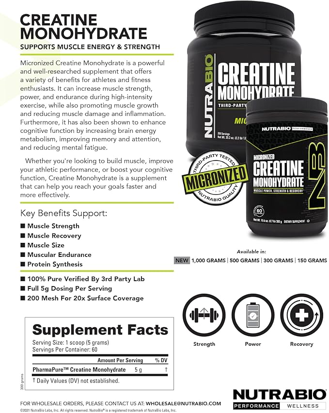 NutraBio Pure Micronized Creatine Monohydrate Powder Supplement, Unflavored, (1000 g) - Supports
