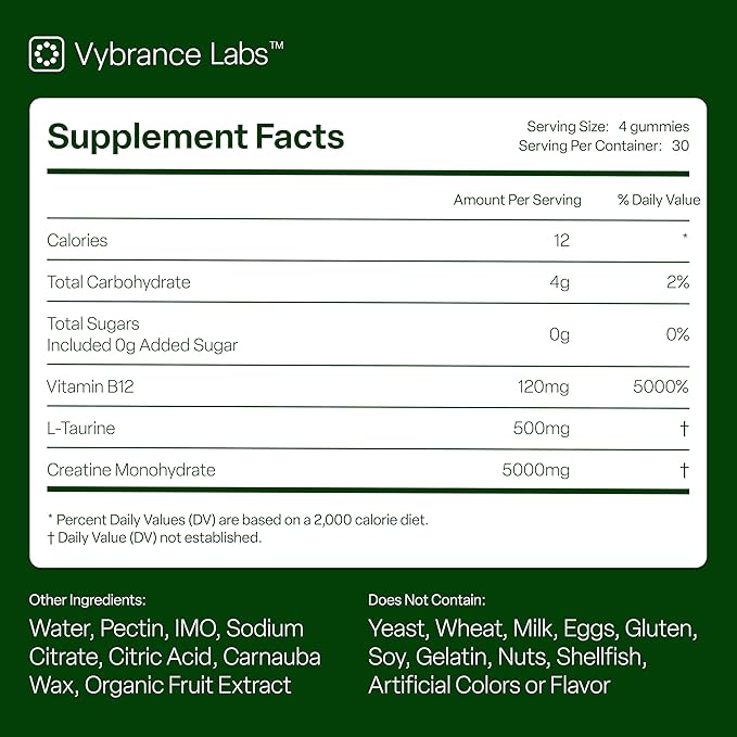 Creatine Gummies 5g – Sugar-Free Creatine Monohydrate + Taurine & B12 | Vegan, Gluten-Free | Green