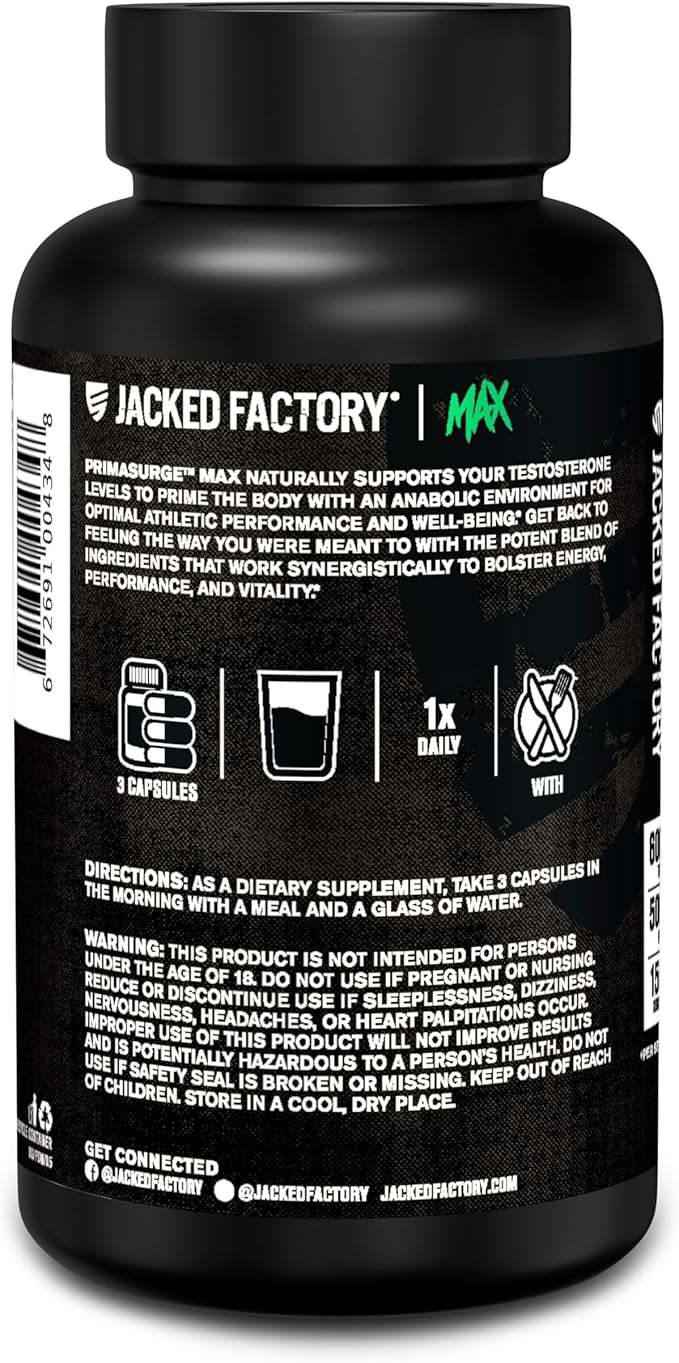 Jacked Factory Primasurge Max Testosterone Booster for Men - Natural Testosterone Supplement with