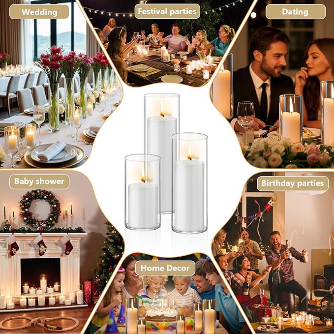36 PCS White Pillar Candles with Glass Candle Holders Clear Hurricane Candle Holders Glass Cylinder
