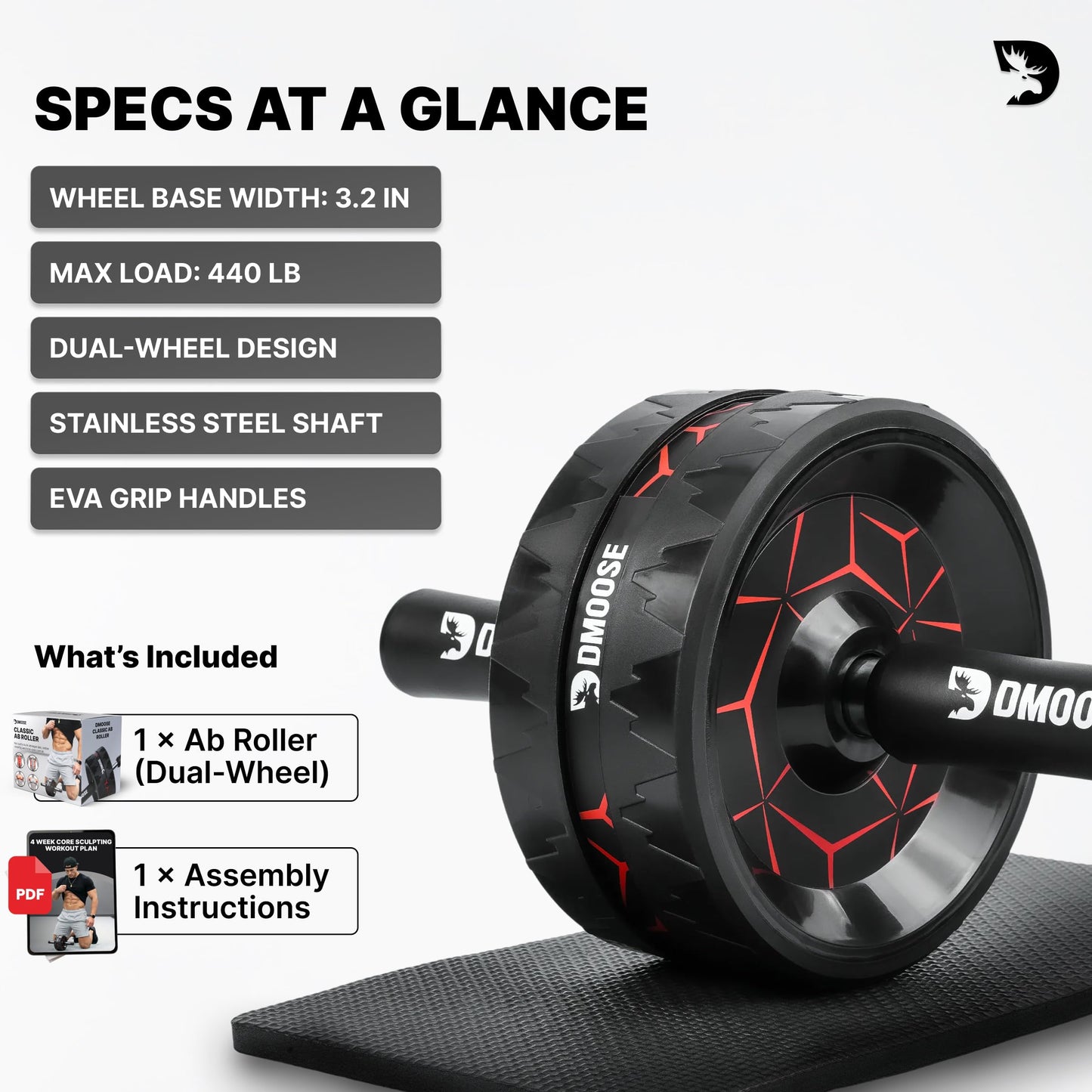 DMoose Fitness Ab Roller Wheel for Core Strength Training - 3.2 Inch Dual-Wheel Ab Wheel Roller