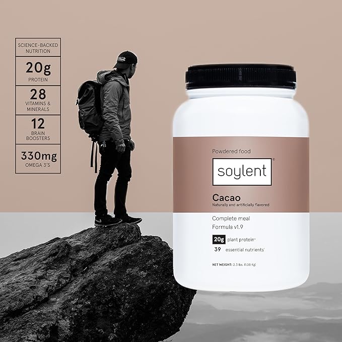 Soylent Complete Nutrition Meal Replacement Protein Powder, Cacao - Plant Based Vegan Protein, 39