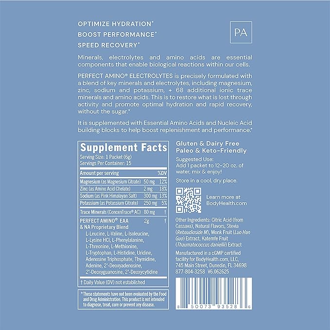 BodyHealth PerfectAmino Electrolyte Drink Mix ??Lemon Lime ??No Sugar, Keto & Fasting Friendly