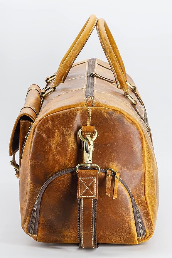 KomalC 24 Inch Leather Duffel Bags for Men and Women Full Grain Leather Travel Overnight Weekend