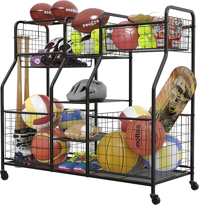 Garage Sports Equipment Organizer - Ball Storage Rack with Elastic Rope or Wire Mesh,Garage