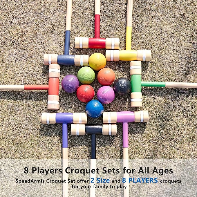 8 Players Croquet Set with 32In Regulation | 28In Standard Size Rubber Wood Mallets, Colored PE