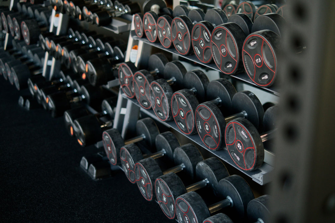 Neatly arranged dumbbell pairs stored on a metal rack in a home gym
