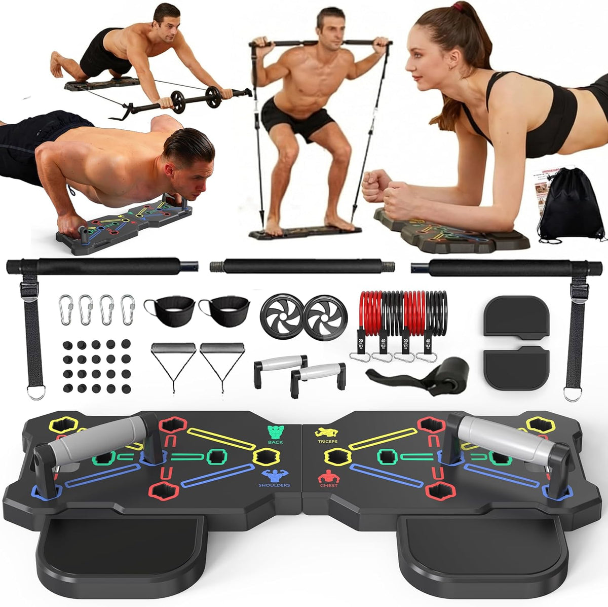 Portable Home Gym Workout System with Push-Up Board, Plank Trainer, Resistance Bands, Ab Roller &