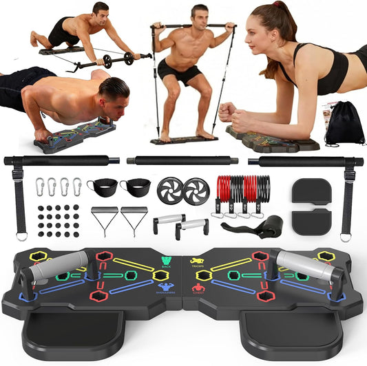Portable Home Gym Workout System with Push-Up Board, Plank Trainer, Resistance Bands, Ab Roller &