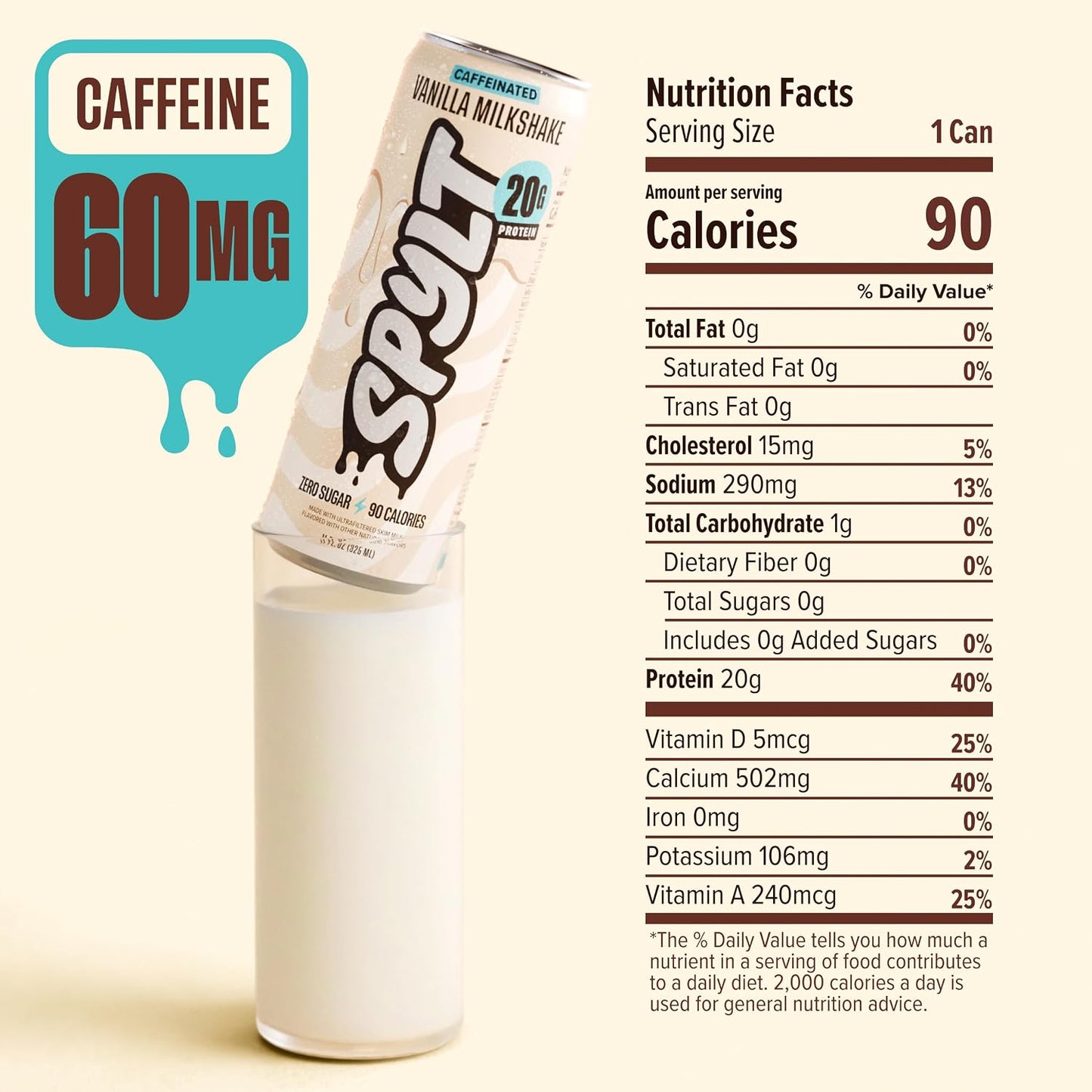 High Protein Vanilla Milkshake with 60mg Caffeine & 20g Protein - 90 Calories, Ready to Drink, Sugar Free, Lactose Free Milk, Perfect for Workout Recovery & Afternoon Pick Me Up - 12 Count