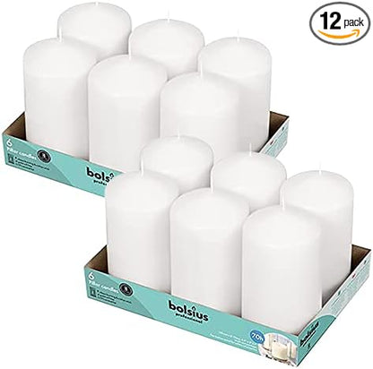 BOLSIUS 12 White Pillar Candles Bulk - 3x6 Inches Candle Set - 70+ Hours Clean Burning - No Palm