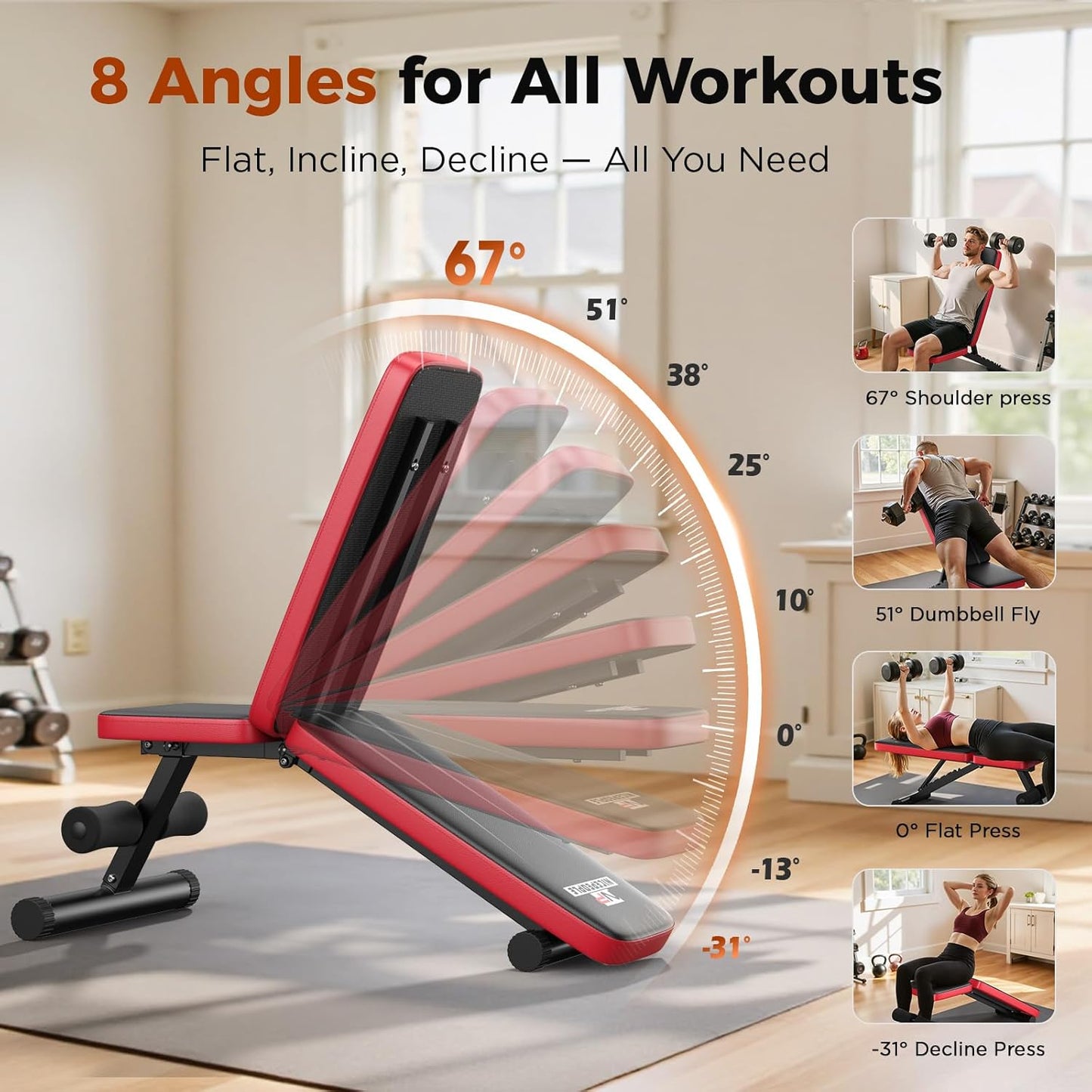 Adjustable Weight Bench for Home Gym, 660LB Capacity Foldable Workout Bench with 8 Backrest