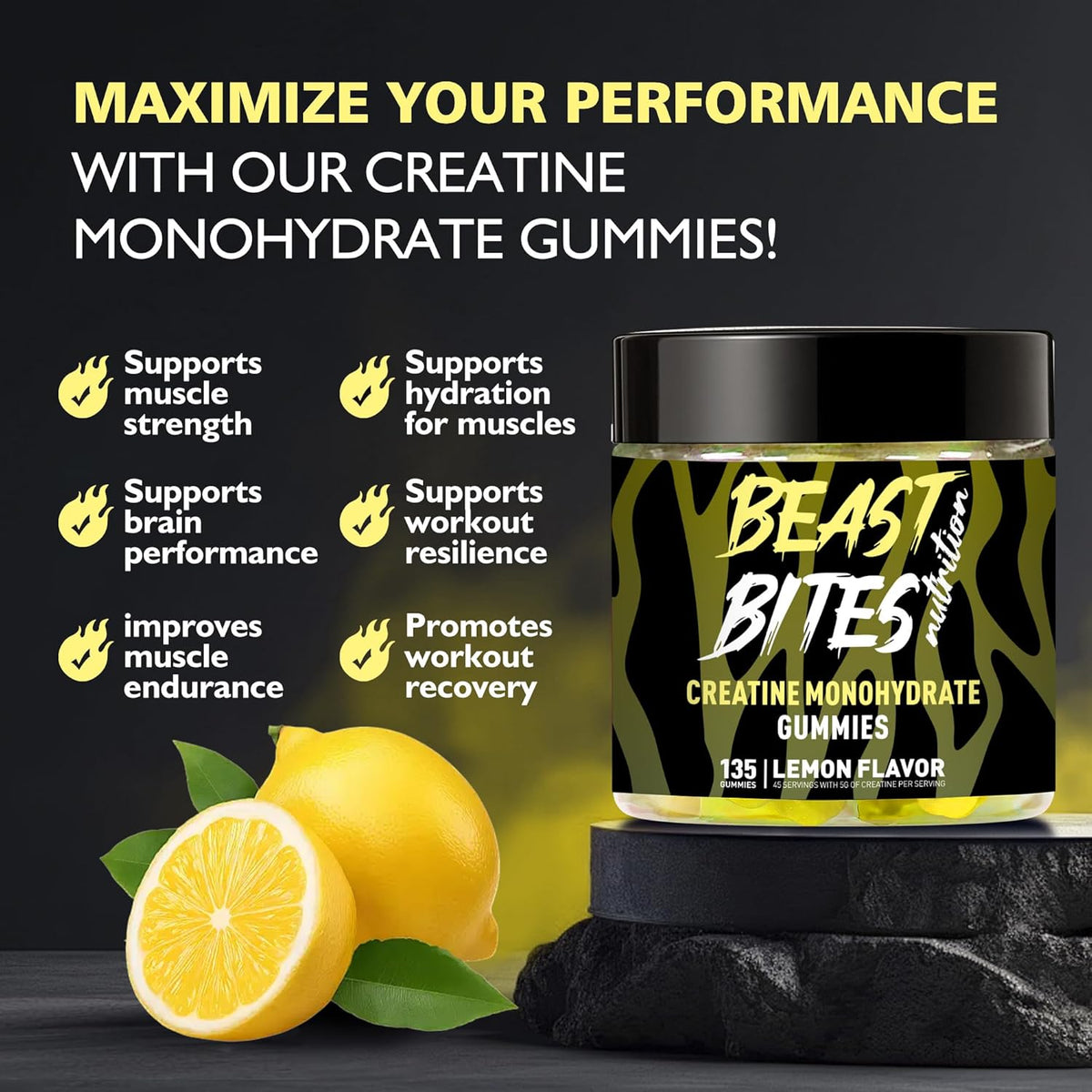 Creatine Monohydrate Gummies 5000mg (135 Count)-Lemon Flavor.