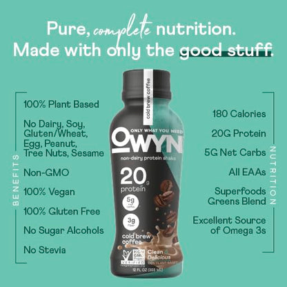 OWYN Only What You Need Vegan Plant-Based Protein Shake, Cold Brew Coffee, 12 Pack, with 20g Plant