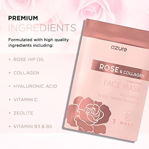 AZURE Rose & Collagen Hydrating Facial Sheet Mask - Toning, Lifting & Deeply Moisturizing - Reduces