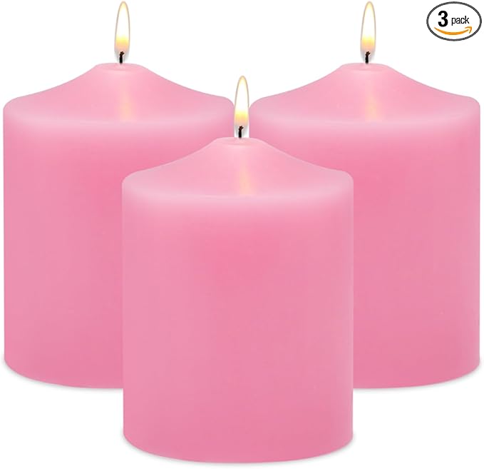 Unscented Pink Pillar Candles, 45 Hour 3x4 Inch Dripless Tapered Fat Column Cylinder Candles for