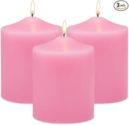 Unscented Pink Pillar Candles, 45 Hour 3x4 Inch Dripless Tapered Fat Column Cylinder Candles for