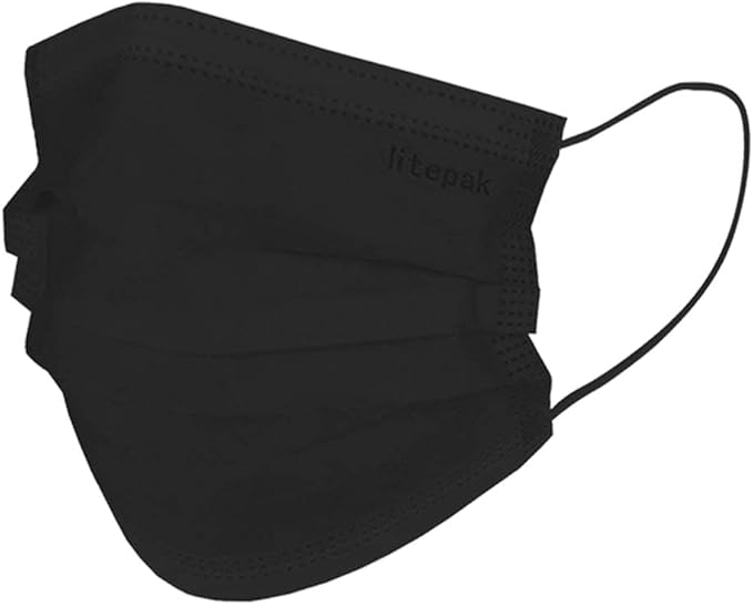 Litepak 2000pcs Disposable Face Masks Black 3-Ply Adult Mask Nose Wire Protection - Breathable