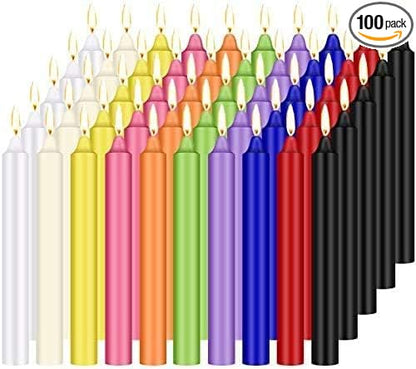 100 pcs Spells Chime Candles Unscented Assorted Colors Mini Taper Candles | 4" Tall x 1/2" Diameter