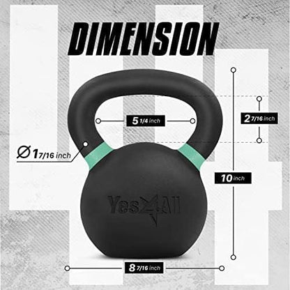 Yes4All Kettlebell, Heavy Duty Powder Coated Cast Iron Kettlebells, Non-Slip Handle & Flat Bottom