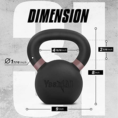 Yes4All Kettlebell, Heavy Duty Powder Coated Cast Iron Kettlebells, Non-Slip Handle & Flat Bottom