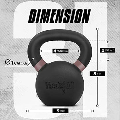 Yes4All Kettlebell, Heavy Duty Powder Coated Cast Iron Kettlebells, Non-Slip Handle & Flat Bottom