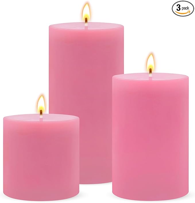 Pink Unscented Pillar Candles 3-Pack ??Dripless & Smokeless, Long-Burning Thick Candles (2",3",4"