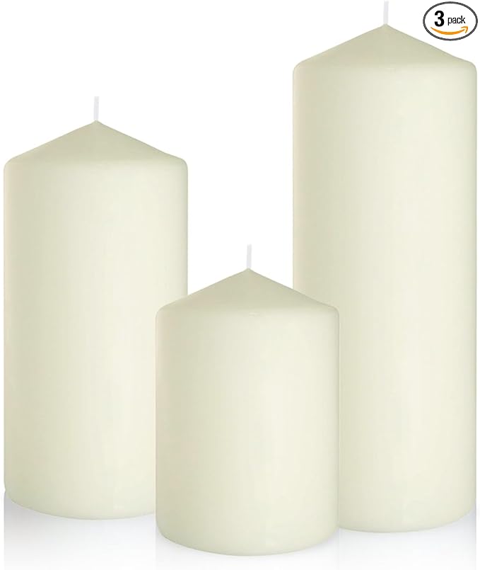 Dripless 3x4 3x6 3x8 Inch Ivory Pillar Candles, 3 Packs Unscented Long Lasting Large Different