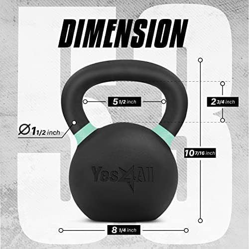 Yes4All Kettlebell, Heavy Duty Powder Coated Cast Iron Kettlebells, Non-Slip Handle & Flat Bottom
