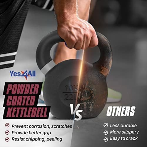 Yes4All Kettlebell, Heavy Duty Powder Coated Cast Iron Kettlebells, Non-Slip Handle & Flat Bottom