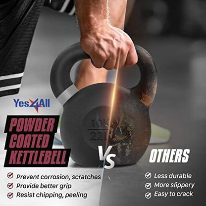 Yes4All Kettlebell, Heavy Duty Powder Coated Cast Iron Kettlebells, Non-Slip Handle & Flat Bottom