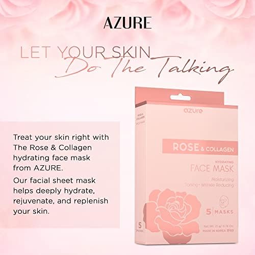 AZURE Rose & Collagen Hydrating Facial Sheet Mask - Toning, Lifting & Deeply Moisturizing - Reduces