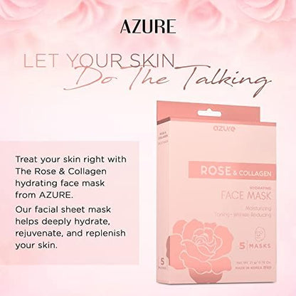 AZURE Rose & Collagen Hydrating Facial Sheet Mask - Toning, Lifting & Deeply Moisturizing - Reduces
