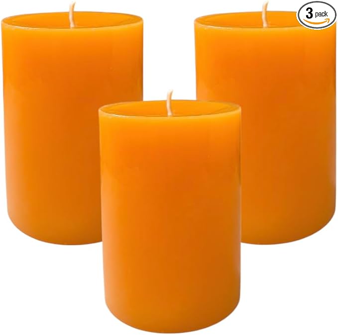 Mister Candle Dripless Unscented Orange Pillar Candles, Set of 3 Hand Poured Solid Color