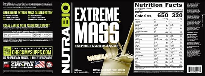 NutraBio Extreme Mass Gainer Protein Powder, 53G Protein, Clean Weight Gainer, Increase Muscle