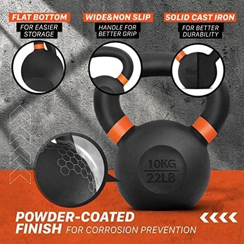 Yes4All Kettlebell, Heavy Duty Powder Coated Cast Iron Kettlebells, Non-Slip Handle & Flat Bottom