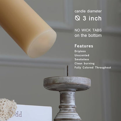 MOZEAL 3" x 8" Hand-Poured Unscented Large Candle, Smokeless Rustic Pillar Candle Set of 2, Slow